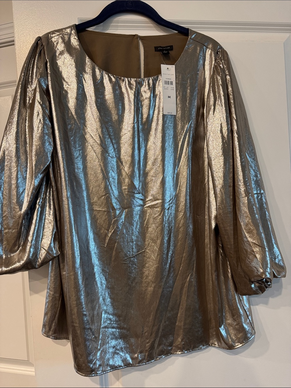 Ann Taylor Metallic Silver Puff Sleeve Blouse